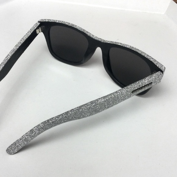 SAINT LAURENT YSL SILVER GLITTER BLACK LEATHER SUNGLASSES SL51 051 NWOT - Picture 8 of 14